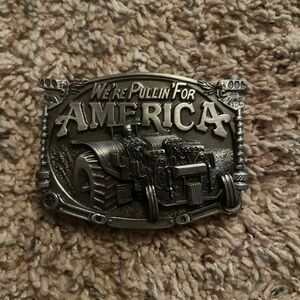 Vintage “We’re Pullin’ For America” Bergamot Belt Buckle Tractor Farmer 3x2.5”